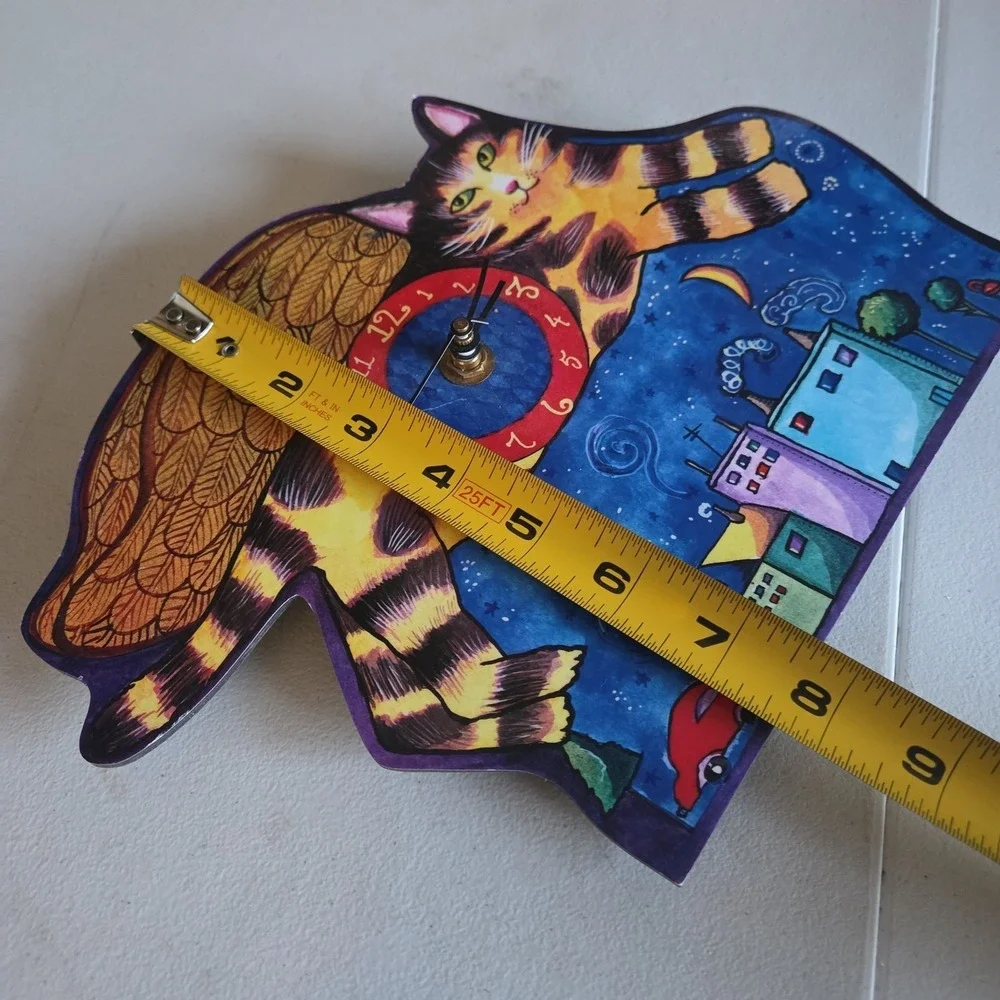 Wendy Costa 1994 Whimsical Flying Cat Wall Clock City Sky Line